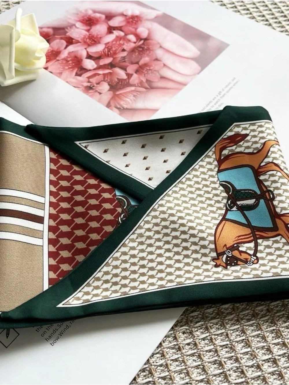 Silk Horse Print Long Scarf in Green and Cream